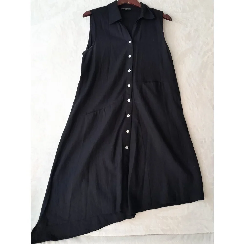 Womens Asymmetrical Linen Blend Minimalist Casual Shirt Dress Pockets Medium Blk